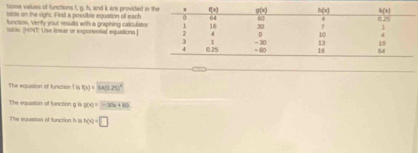 Some values of functions f, g. h, and k are provided in
isble on the right. Find a possible equation of each
function. Verify your results with a graphing calculator
table. [HINT: Use linear or exponential equations.]
The equistion of function ( is f(x)=64(0.25)^x
The equation of function g is g(x)=-30x+60
The equation of function h is h(x)=□