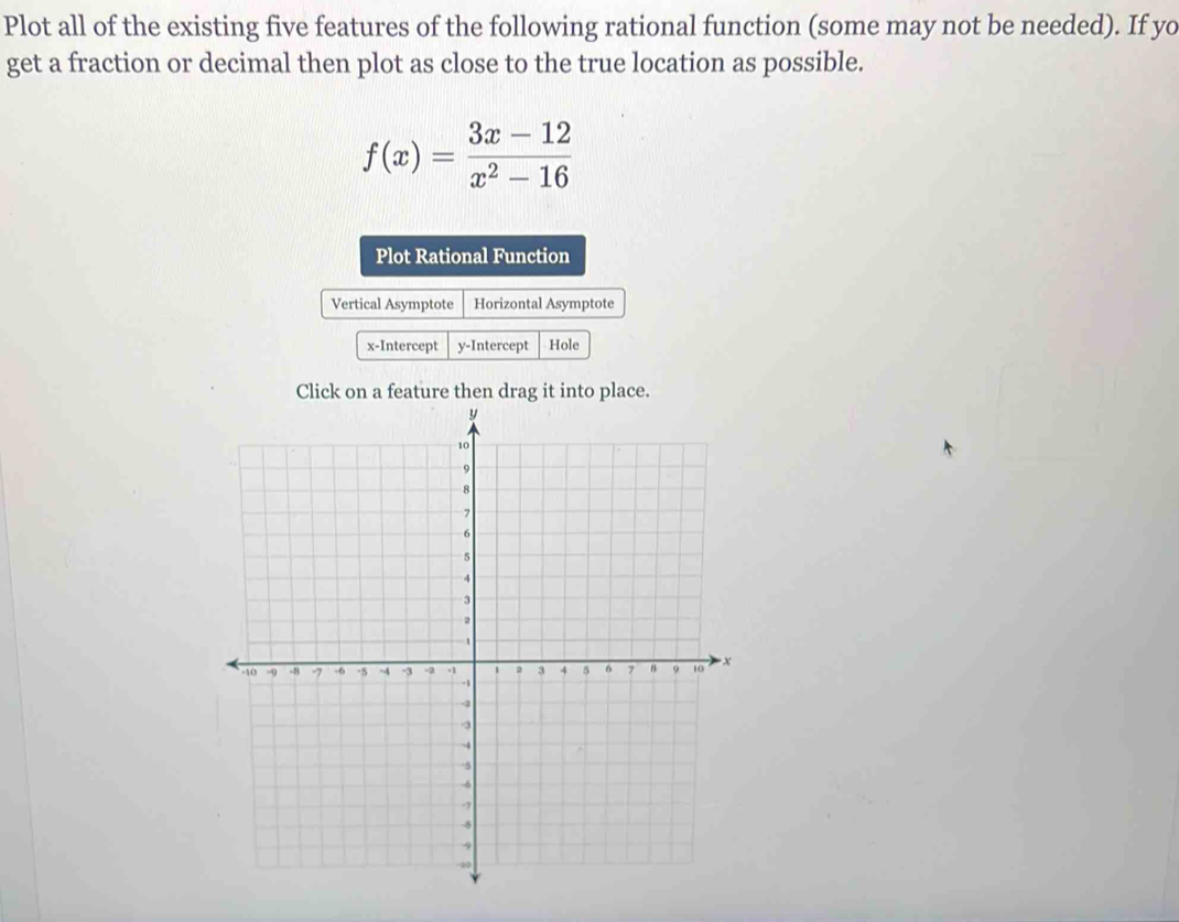 Plot all of the existing five features of the following rational function (some may not be needed). If yo 
get a fraction or decimal then plot as close to the true location as possible.
f(x)= (3x-12)/x^2-16 
Plot Rational Function 
Vertical Asymptote Horizontal Asymptote 
x-Intercept y-Intercept Hole 
Click on a feature then drag it into place.