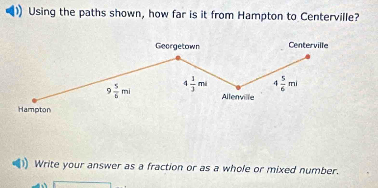 Using the paths shown, how far is it from Hampton to Centerville?
Write your answer as a fraction or as a whole or mixed number.