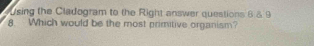 Using the Cladogram to the Right answer questions 8 & 9 
8. Which would be the most primitive organism?