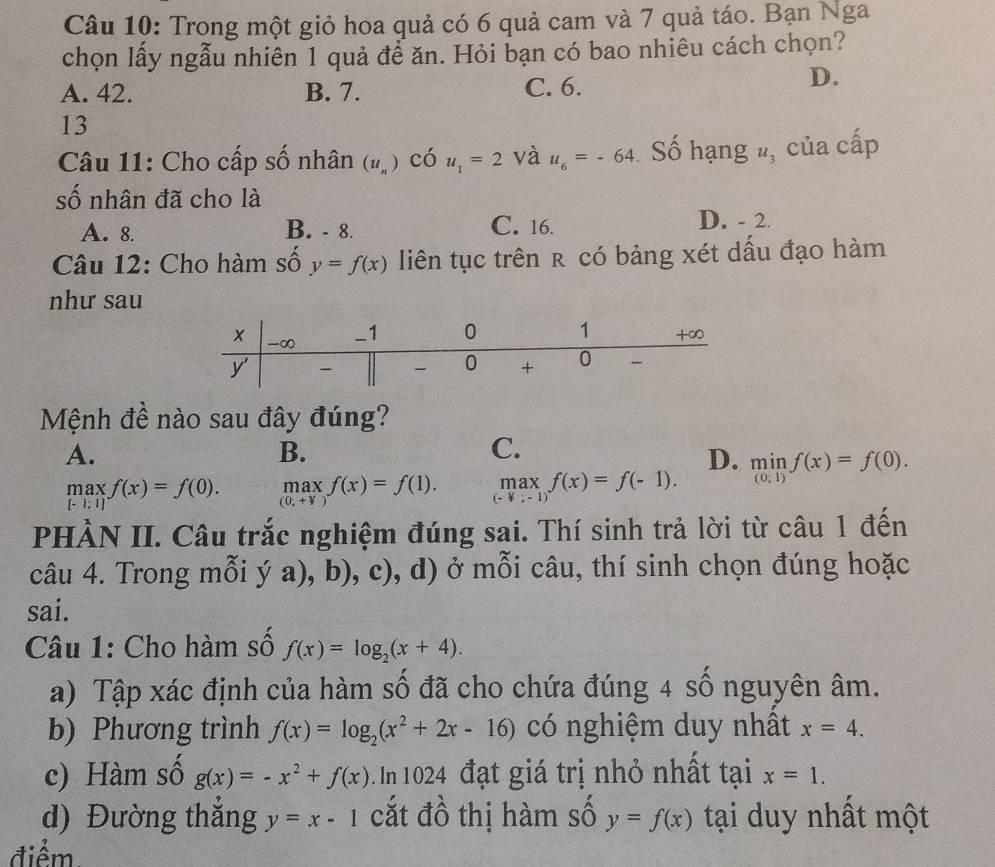 Trong một giỏ hoa quả có 6 quả cam và 7 quả táo. Bạn Nga
chọn lấy ngẫu nhiên 1 quả để ăn. Hỏi bạn có bao nhiêu cách chọn?
A. 42. B. 7. C. 6.
D.
13
Câu 11: Cho cấp số nhân (u_n) có u_1=2 và u_6=-64 Số hạng u_3 của cấp
số nhân đã cho là
A. 8. B. - 8. C. 16. D. - 2.
Câu 12: Cho hàm số y=f(x) liên tục trên r có bảng xét dấu đạo hàm
như sau
Mệnh đề nào sau đây đúng?
A.
B.
C.
D.
maxf(x)=f(0). _((0,+V))^(max)f(x)=f(1). max_(-4,-1)f(x)=f(-1). minf(x)=f(0). 
PHÀN II. Câu trắc nghiệm đúng sai. Thí sinh trả lời từ câu 1 đến
câu 4. Trong mỗi ya),b),c) , d) ở mỗi câu, thí sinh chọn đúng hoặc
sai.
Câu 1: Cho hàm số f(x)=log _2(x+4). 
a) Tập xác định của hàm số đã cho chứa đúng 4 số nguyên âm.
b) Phương trình f(x)=log _2(x^2+2x-16) có nghiệm duy nhất x=4. 
c) Hàm số g(x)=-x^2+f(x) n 1024 đạt giá trị nhỏ nhất tại x=1. 
d) Đường thẳng y=x-1 cắt đồ thị hàm số y=f(x) tại duy nhất một
điểm