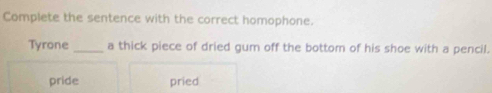 Complete the sentence with the correct homophone.
Tyrone _a thick piece of dried gum off the bottom of his shoe with a pencil.
pride pried