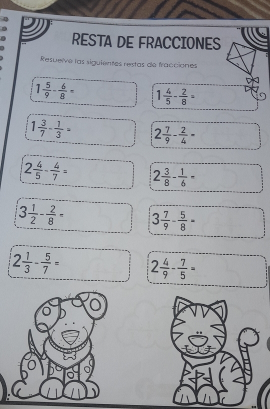 RESTA DE FRACCIONES 
Resuelve las siguientes restas de fracciones
1 5/9 - 6/8 =
1 4/5 - 2/8 =
1 3/7 - 1/3 =
2 7/9 - 2/4 =
2 4/5 - 4/7 =
2 3/8 - 1/6 =
3 1/2 - 2/8 =
3 7/9 - 5/8 =
2 1/3 - 5/7 =
2 4/9 - 7/5 =