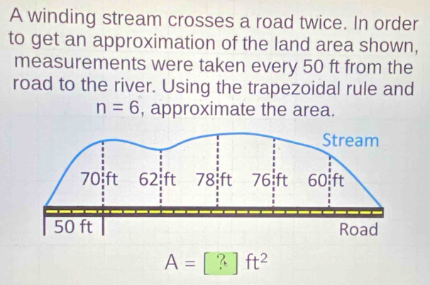 A winding stream crosses a road twice. In order 
to get an approximation of the land area shown, 
measurements were taken every 50 ft from the 
road to the river. Using the trapezoidal rule and
n=6 , approximate the area.
A=[?]ft^2