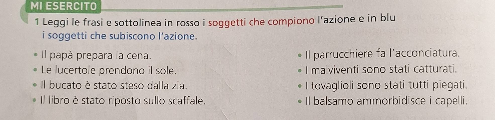 MI ESERCITO 
1 Leggi le frasi e sottolinea in rosso i soggetti che compiono l’azione e in blu 
i soggetti che subiscono l’azione. 
Il papà prepara la cena. Il parrucchiere fa l’acconciatura. 
Le lucertole prendono il sole. I malviventi sono stati catturati. 
Il bucato è stato steso dalla zia. I tovaglioli sono stati tutti piegati. 
Il libro è stato riposto sullo scaffale. Il balsamo ammorbidisce i capelli.