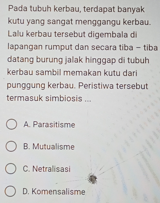 Pada tubuh kerbau, terdapat banyak
kutu yang sangat menggangu kerbau.
Lalu kerbau tersebut digembala di
lapangan rumput dan secara tiba - tiba
datang burung jalak hinggap di tubuh
kerbau sambil memakan kutu dari
punggung kerbau. Peristiwa tersebut
termasuk simbiosis ...
A. Parasitisme
B. Mutualisme
C. Netralisasi
D. Komensalisme