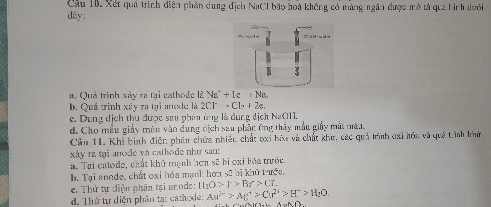 Xét quá trình điện phân dung dịch NaCl bão hoà không có màng ngăn được mô tả qua hình dưới
đây:
a. Quá trình xảy ra tại cathode là Na^++1eto Na.
b. Quá trình xảy ra tại anode là 2Cl^-to Cl_2+2e.
c. Dung dịch thu được sau phản ứng là dung dịch NaOH.
d. Cho mẫu giấy màu vào dung dịch sau phản ứng thấy mẫu giấy mất màu.
Câu 11. Khi bình điện phân chứa nhiều chất oxi hóa và chất khử, các quá trình oxi hóa và quá trình khử
xảy ra tại anode và cathode như sau:
a. Tại catode, chất khử mạnh hơn sẽ bị oxi hóa trước.
b. Tại anode, chất oxi hóa mạnh hơn sẽ bị khử trước.
c. Thứ tự điện phân tại anode: H_2O>I^->Br>Cl^-
d. Thứ tự điện phân tại cathode: Au^(3+)>Ag^+>Cu^(2+)>H^+>H_2O. 
NOa) AσNO₃