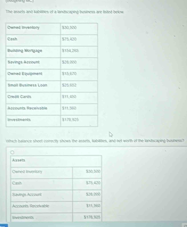 The assets and liabilities of a landscaping business are listed below
Which balance sheet correctly shows the assets, liabilities, and net worth of the landscaping business?
Assets
Owned inventory $30,500
Cash $75,420
Savings Account $28,000
Accounts Recelvable $11,560
Investments . $178,925