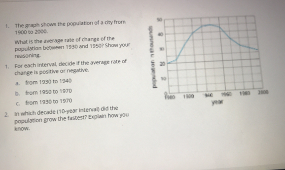 The graph shows the population of a city from
1900 to 2000.
What is the average rate of change of the
population between 1930 and 1950? Show your
reasoning.
1.    For each interval, decide if the average rate of 5
change is positive or negative.
a.   from 1930 to 1940
b.    from 1950 to 1970
c.    from 1930 to 1970
2.    In which decade (10-year interval) did the 
population grow the fastest? Explain how you
know.