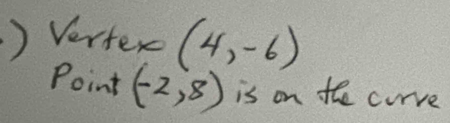 ) Vertex (4,-6)
Point (-2,8) is on the curve