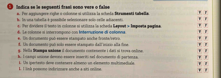 Indica se le seguenti frasi sono vere o false
a. Per aggiungere righe o colonne si utilizza la scheda Strumenti tabella.
v F
b. In una tabella è possibile selezionare solo celle adiacenti.
V F
c. Per dividere il testo in colonne si utilizza la scheda Layout > Imposta pagina.
V F
d. Le colonne si interrompono con Interruzione di colonna. V F V F
e. Un documento può essere stampato anche fronte/retro.
f. Un documento può solo essere stampato dall’inizio alla fine. V F
g. Nella Stampa unione il documento contenente i dati si trova online. V F
h. I campi unione devono essere inseriti nel documento di partenza. V F
i. Un ipertesto deve contenere almeno un elemento multimediale. v F
1. I link possono indirizzare anche a siti online. v F