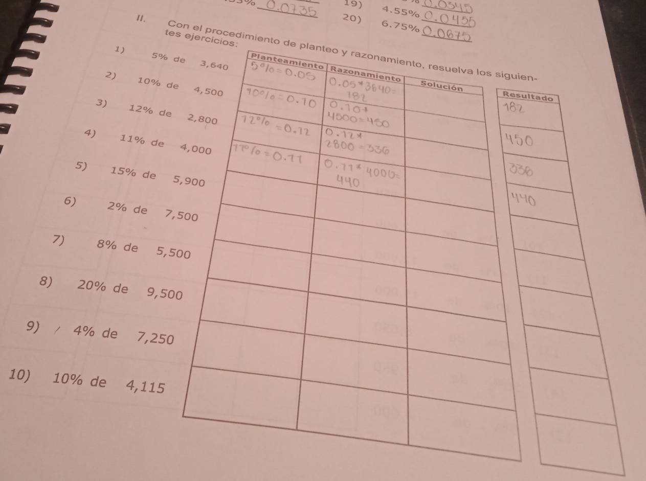 4. 55%
_ 
20) 6.75%
tes eje 
II. Con el procedimin- 
1) 5%
2) 10% d 
ltado 
3) 12% de 
4) 11% de 
5) 15% de 
6) 2% de 7
7) 8% de 5, 
8) 20% de 9,50
9) 4% de 7,250
10) 10% de 4,115