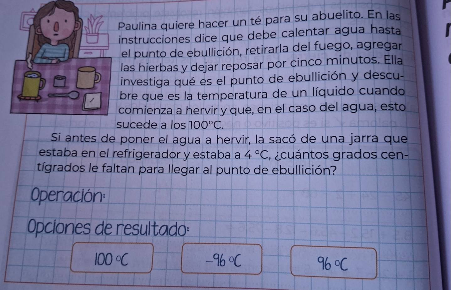 Paulina quiere hacer un té para su abuelito. En las 
instrucciones dice que debe calentar agua hasta 
el punto de ebullición, retirarla del fuego, agregar 
las hierbas y dejar reposar por cinco minutos. Ella 
investiga qué es el punto de ebullición y descu- 
bre que es la temperatura de un líquido cuando 
comienza a hervir y que, en el caso del agua, esto 
ucede a los 100°C. 
Si antes de poner el agua a hervir, la sacó de una jarra que 
estaba en el refrigerador y estaba a 4°C acuántos grados cen- 
tígrados le faltan para llegar al punto de ebullición? 
Operación: 
Opciones de resultado:
100°C
-96°C