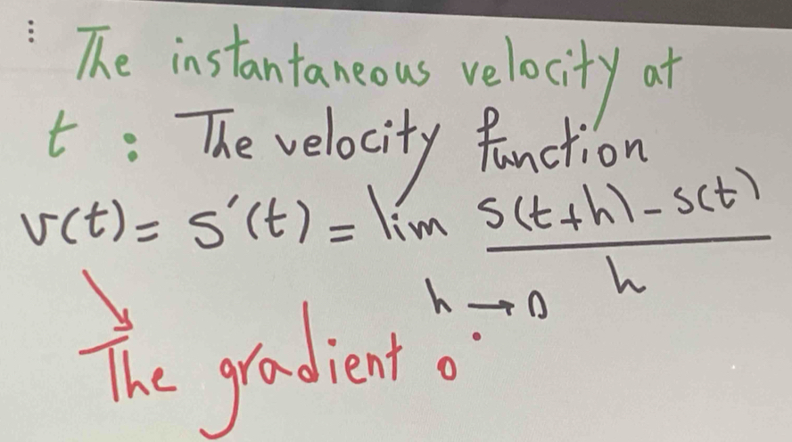 The instantaneous velocity at
t : The velocity function
v(t)=s'(t)=lim _hto  (s(t+h)-s(t))/h 
hto 0
The gradient o