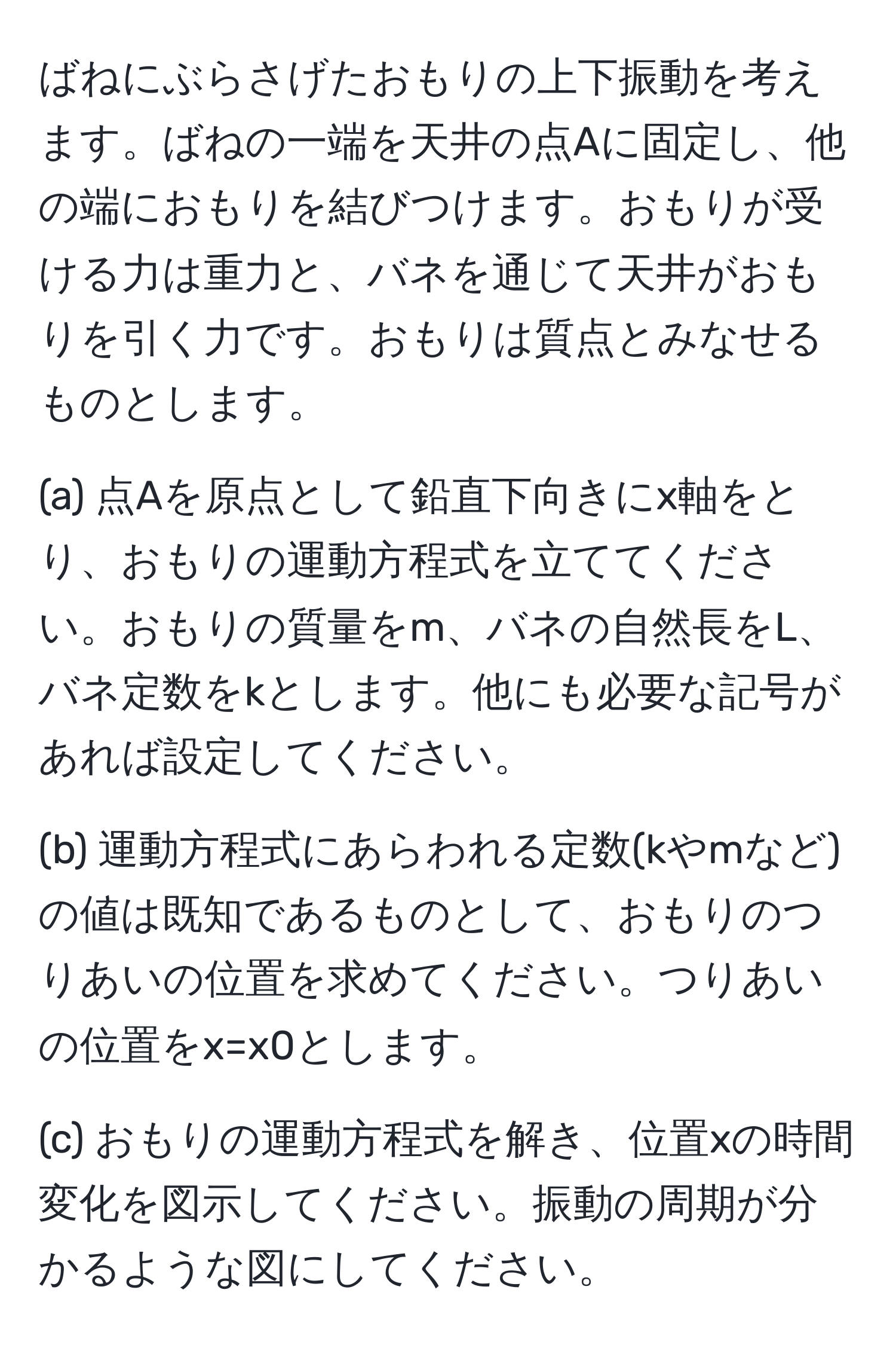 ばねにぶらさげたおもりの上下振動を考えます。ばねの一端を天井の点Aに固定し、他の端におもりを結びつけます。おもりが受ける力は重力と、バネを通じて天井がおもりを引く力です。おもりは質点とみなせるものとします。

(a) 点Aを原点として鉛直下向きにx軸をとり、おもりの運動方程式を立ててください。おもりの質量をm、バネの自然長をL、バネ定数をkとします。他にも必要な記号があれば設定してください。

(b) 運動方程式にあらわれる定数(kやmなど)の値は既知であるものとして、おもりのつりあいの位置を求めてください。つりあいの位置をx=x0とします。

(c) おもりの運動方程式を解き、位置xの時間変化を図示してください。振動の周期が分かるような図にしてください。