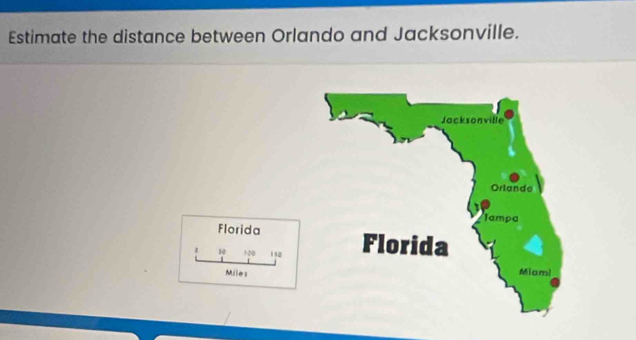 Estimate the distance between Orlando and Jacksonville. 
Florida 
。 50 100 150
Miles