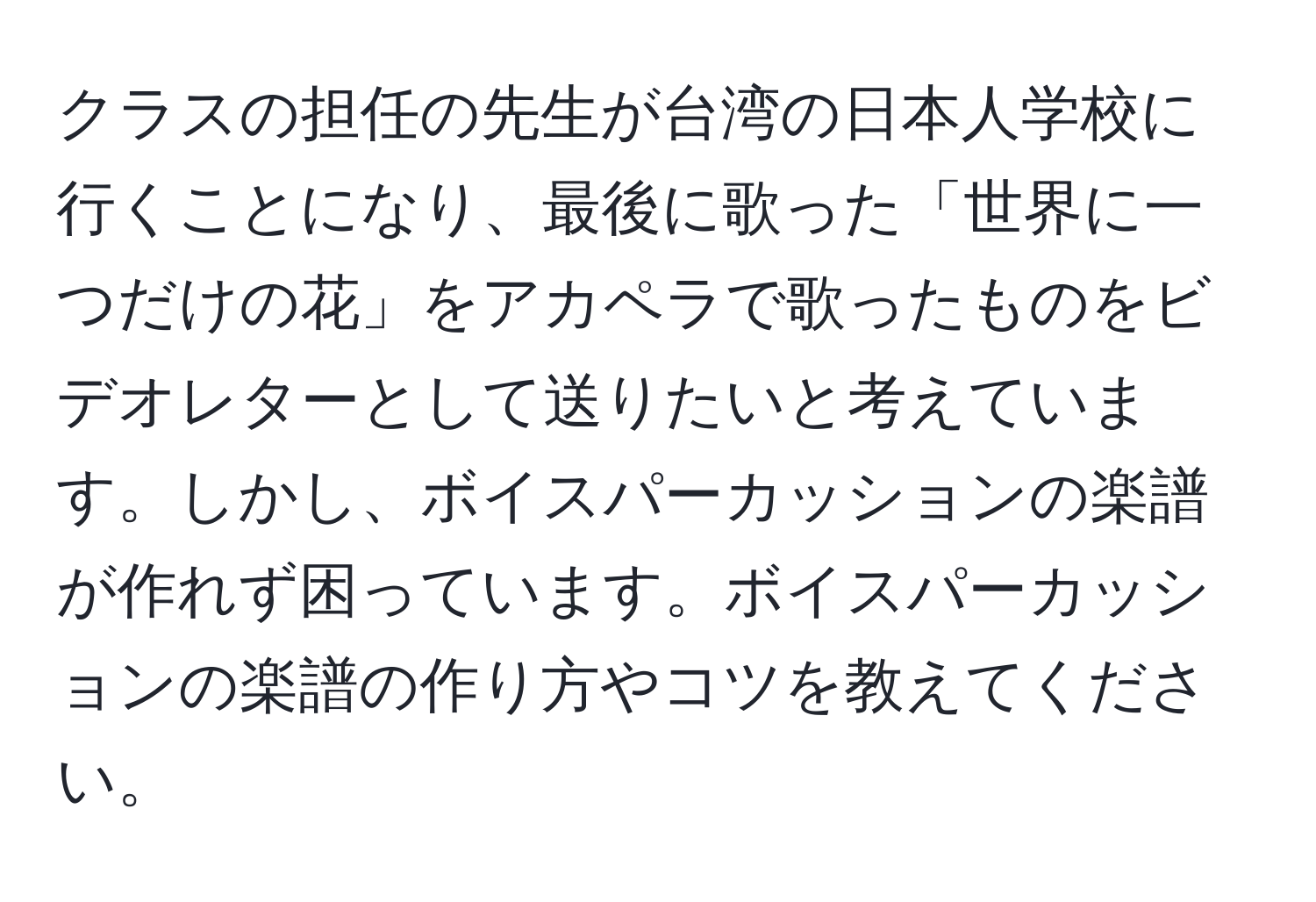 クラスの担任の先生が台湾の日本人学校に行くことになり、最後に歌った「世界に一つだけの花」をアカペラで歌ったものをビデオレターとして送りたいと考えています。しかし、ボイスパーカッションの楽譜が作れず困っています。ボイスパーカッションの楽譜の作り方やコツを教えてください。