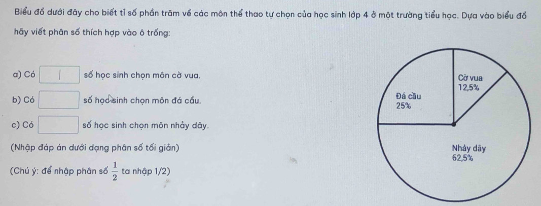 Biểu đổ dưới đây cho biết tỉ số phần trăm về các môn thể thao tự chọn của học sinh lớp 4 ở một trường tiểu học. Dựa vào biểu đồ 
hãy viết phân số thích hợp vào ô trống: 
a) Có □ số học sinh chọn môn cờ vua. 
b) Có □ số học sinh chọn môn đá cầu. 
c) Có □ số học sinh chọn môn nhảy dây. 
(Nhập đáp án dưới dạng phân số tối giản) 
(Chú ý: để nhập phân số  1/2  ta nhập 1/2)