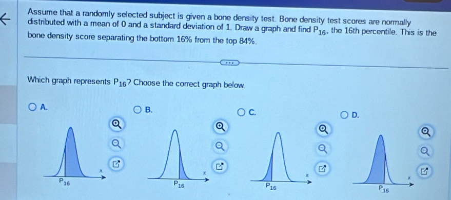 Assume that a randomly selected subject is given a bone density test. Bone density test scores are normally
distributed with a mean of 0 and a standard deviation of 1. Draw a graph and find P_16 , the 16th percentile. This is the
bone density score separating the bottom 16% from the top 84%.
Which graph represents P_16 ? Choose the correct graph below.
A.
B.
C.
D.