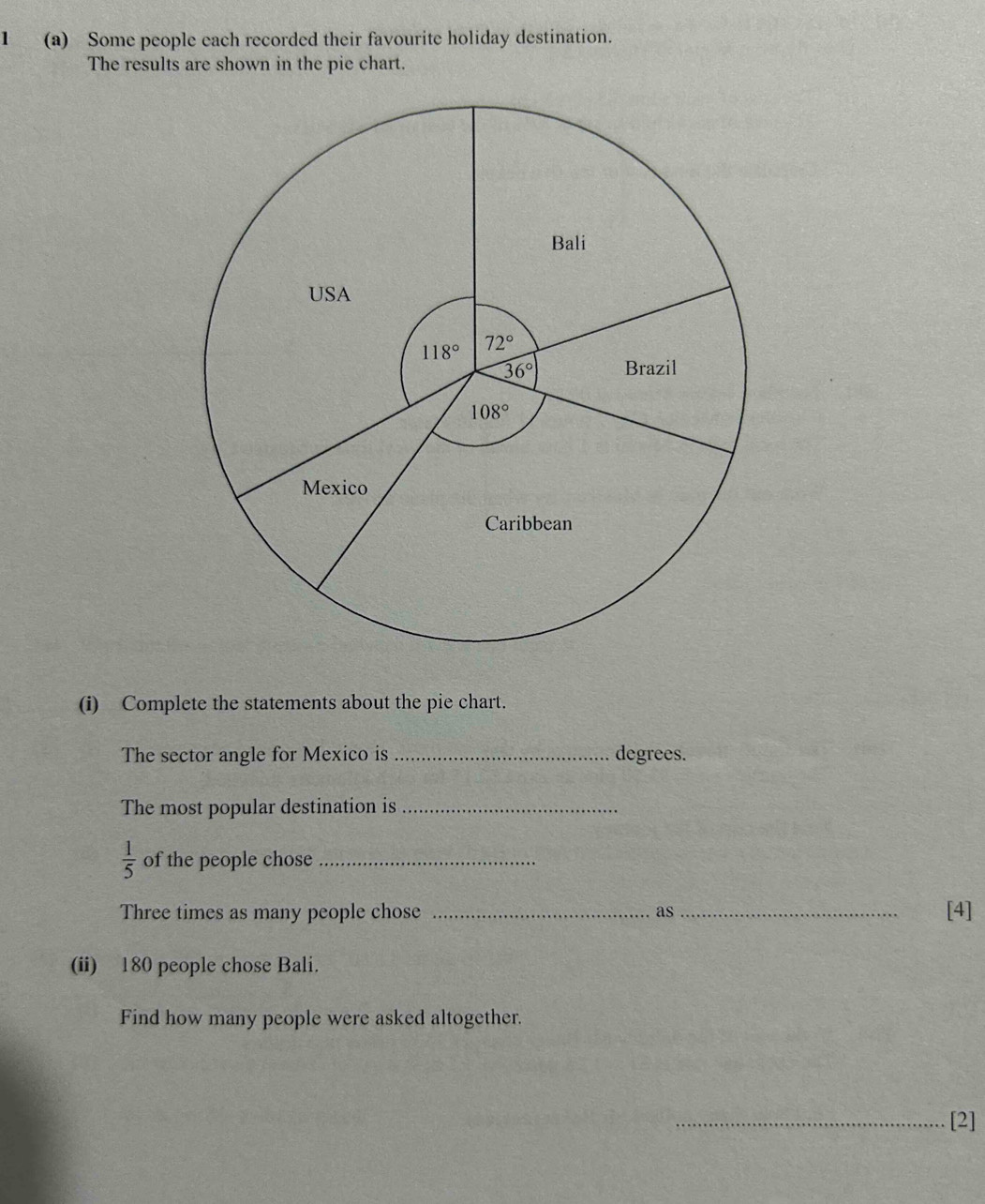 1 (a) Some people each recorded their favourite holiday destination.
The results are shown in the pie chart.
(i) Complete the statements about the pie chart.
The sector angle for Mexico is _degrees.
The most popular destination is_
 1/5  of the people chose_
Three times as many people chose _as _[4]
(ii) 180 people chose Bali.
Find how many people were asked altogether.
_[2]