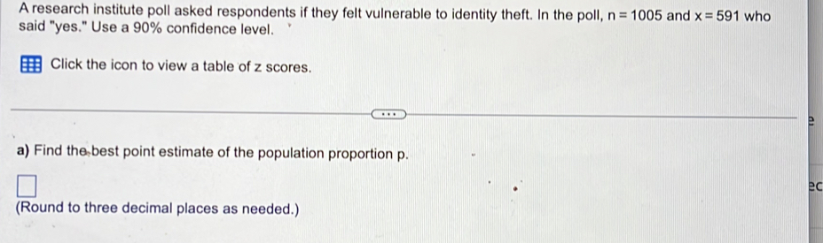 A research institute poll asked respondents if they felt vulnerable to identity theft. In the poll, n=1005 and x=591 who 
said "yes." Use a 90% confidence level. 
=== Click the icon to view a table of z scores. 
e 
a) Find the best point estimate of the population proportion p. 
ec 
(Round to three decimal places as needed.)