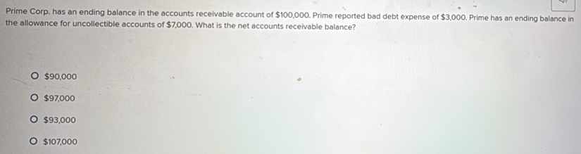 Prime Corp. has an ending balance in the accounts receivable account of $100,000. Prime reported bad debt expense of $3,000. Prime has an ending balance in
the allowance for uncollectible accounts of $7,000. What is the net accounts receivable balance?
$90,000
$97,000
$93,000
$107,000