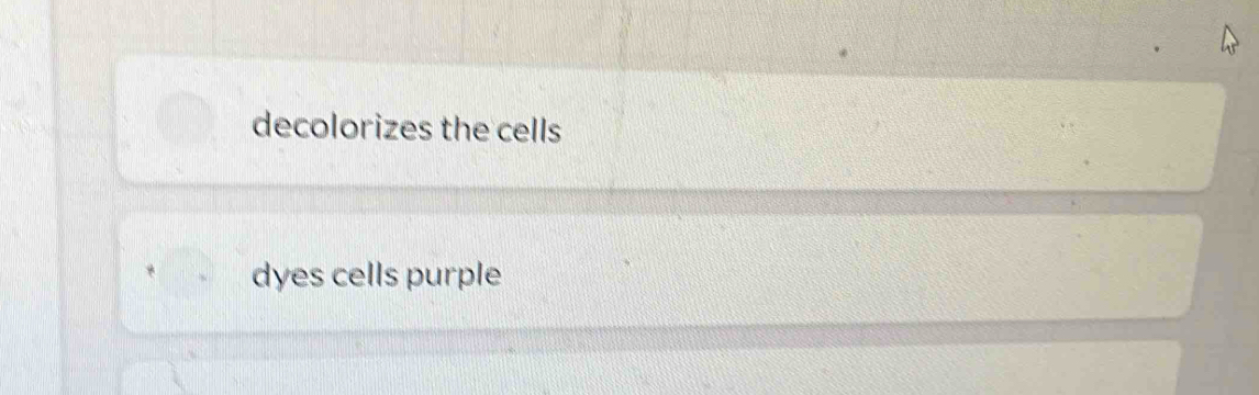 decolorizes the cells 
dyes cells purple