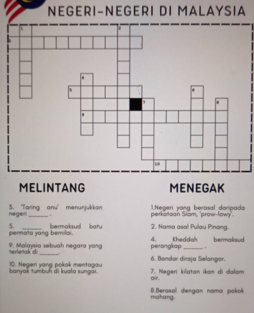 NEGERI-NEGERI DI MALAYSIA 
MELINTANG MENEGAK 
3. ‘Taring anu’ menunjukkan 1.Negeri yang berasal daripada 
negeri _. perkataan Siam, ‘prow-lowy’. 
5. _bermaksud batu 2. Nama asal Pulau Pinang. 
permata yang bernilai. 
4. Kheddah bermaksud 
9. Malaysia sebuah negara yang perangkap _. 
terletak di _. 
6. Bandar diraja Selangor. 
10. Negeri yang pokok mentagau 
banyak tumbuh di kuala sungai. 7. Negeri kilatan ikan di dalam 
air. 
8.Berasal dengan nama pokok 
mahang.