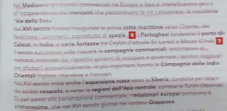 Nel Medioevo gli scambi commerciali tra Europa e Asia si intensificarono grazie 
all'intraprendenza dei mercanti che percorrevano le vie carovaniere, le cosiddette 
''Vie della Seta'' 
Nel XVI secolo furono inaugurate le prime rotte maríttime verso Oriente, che 
favorirono i commerci, soprattutto di spezie. G | Portoghesi fondarono il porto di 
Calicut, in India, e varie fortezze tra Ceylon (l'attuale Sri Lanka) a Macao (Cinak a 
Il secolo successivo vide nascere le compagnie commerciafi, associazioni di 
mercanti incaricati dai rispettivi governi di occupare e governare i territori raggiunti 
per sfruttarli economicamente: le più importanti furono le Compagnie delle Indie 
Orientali inglese, olandese e francese. 
Nel XVI secolo inizia anche l'espansione russa verso la Siberia, condotta per tappe 
dai soldati cosacchi, e verso le regioni dell'Asia centrale, contese ai Turchi Ottomani. 
Di pari passo alla penetrazione commerciale, i missionari europei portarono i 
cristianesimo, che nel XVI secolo giunse nel lontano Giappone.