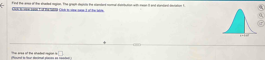 Find the area of the shaded region. The graph depicts the standard normal distribution with mean 0 and standard deviation 1.
Click to view page 1 of the table Click to view page 2 of the table.
The area of the shaded region is □ .
(Round to four decimal places as needed.)