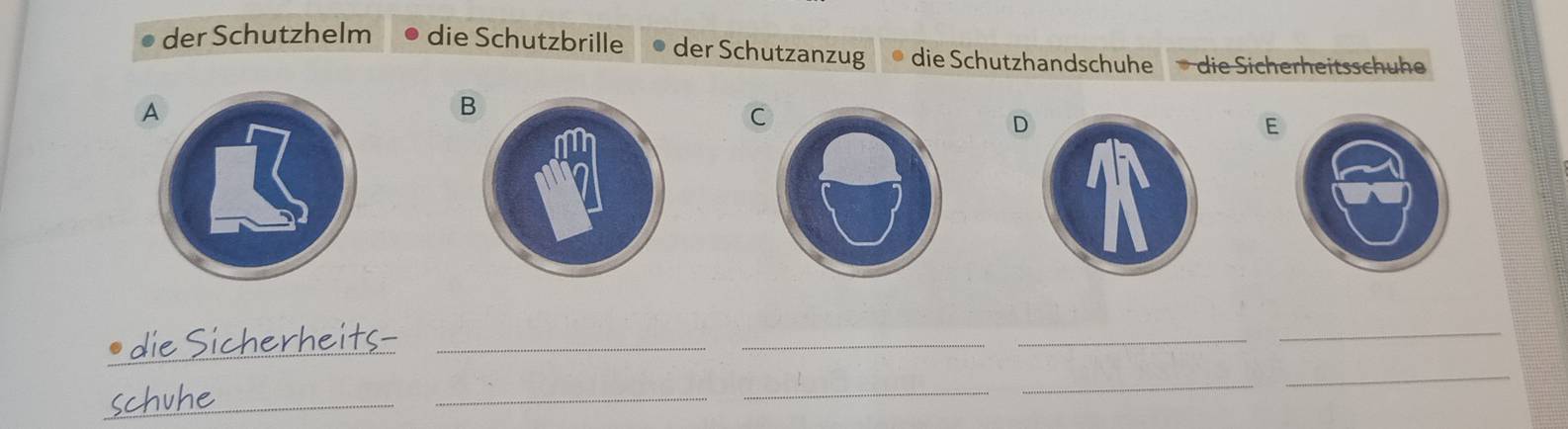 der Schutzhelm die Schutzbrille der Schutzanzug die Schutzhandschuhe die Sicherheitsschuhe 
A 
B 
C 
D 
E 
_ 
Sicherheit_ 
_ 
_ 
_ 
_ 
_ 
_ 
_ 
_