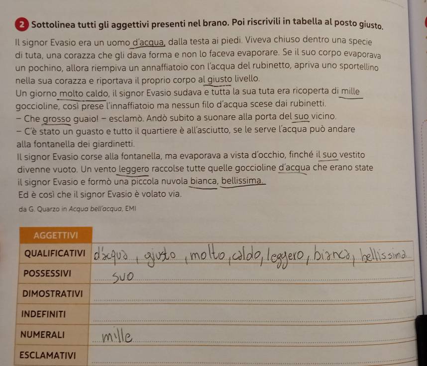 Sottolinea tutti gli aggettivi presenti nel brano. Poi riscrivili in tabella al posto gíusto. 
Il signor Evasio era un uomo d’acqua, dalla testa ai piedi. Viveva chiuso dentro una specie 
di tuta, una corazza che gli dava forma e non lo faceva evaporare. Se il suo corpo evaporava 
un pochino, allora riempiva un annaffiatoio con l’acqua del rubinetto, apriva uno sportellino 
nella sua corazza e riportava il proprio corpo al giusto livello. 
Un giorno molto caldo, il signor Evasio sudava e tutta la sua tuta era ricoperta di mille 
goccioline, così prese l’innaffiatoio ma nessun filo d’acqua scese dai rubinetti. 
- Che grosso guaio! - esclamò. Andò subito a suonare alla porta del suo vicino. 
- C'è stato un guasto e tutto il quartiere è all'asciutto, se le serve l'acqua può andare 
alla fontanella dei giardinetti. 
Il signor Evasio corse alla fontanella, ma evaporava a vista d'occhio, finché il suo vestito 
divenne vuoto. Un vento leggero raccolse tutte quelle goccioline d’acqua che erano state 
il signor Evasio e formò una piccola nuvola bianca, bellissima. 
Ed è così che il signor Evasio è volato via. 
da G. Quarzo in Acqua bell’σcqua, EMI 
AGGETTIVI 
QUALIFICATIVI 
_ 
_ 
POSSESSIVI 
__ 
_ 
DIMOSTRATIVI 
_ 
INDEFINITI 
__ 
NUMERALI 
_ 
ESCLAMATIVI 
_