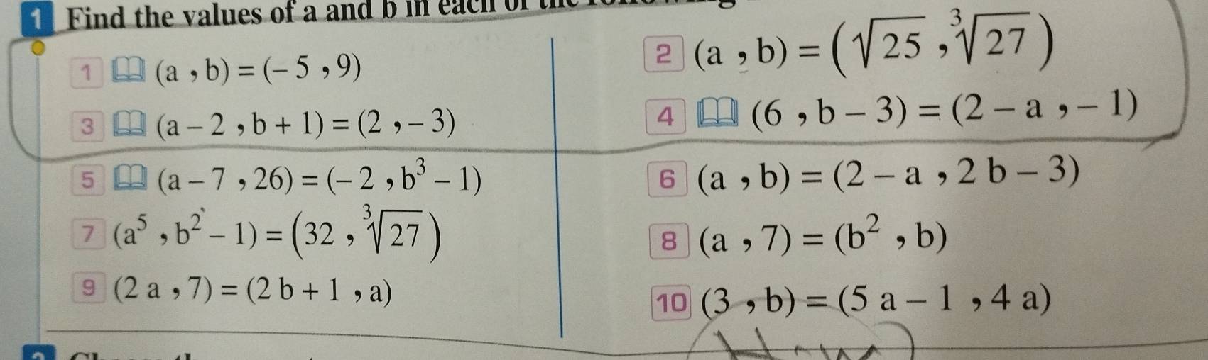 Find the values of a and b in each o