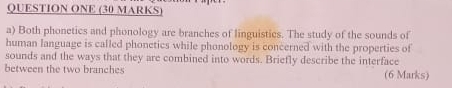 QUESTION ONE (30 MARKS) 
a) Both phonetics and phonology are branches of linguistics. The study of the sounds of 
human language is called phonetics while phonology is concerned with the properties of 
sounds and the ways that they are combined into words. Briefly describe the interface 
between the two branches (6 Marks)