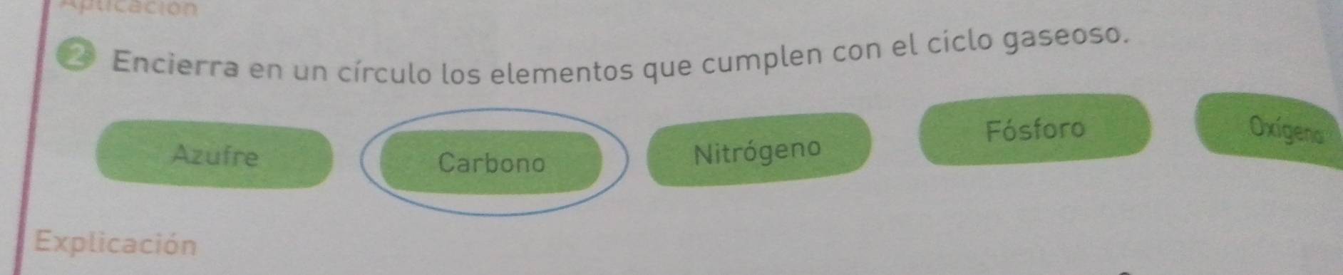 spucación 
28 
Encierra en un círculo los elementos que cumplen con el cíclo gaseoso. 
Fósforo Oxígeno 
Azufre Carbono 
Nitrógeno 
Explicación