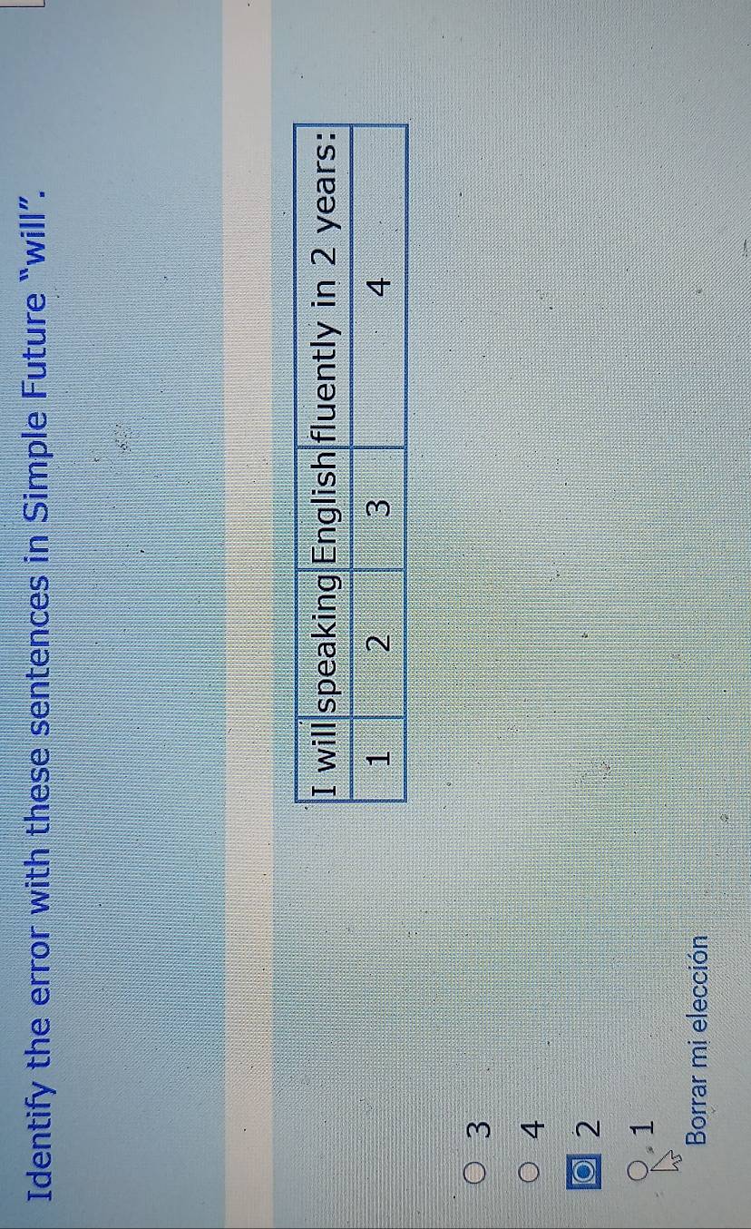 Identify the error with these sentences in Simple Future “will”.
3
4
02
1
Borrar mi elección