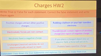 Charges HW2 
Write True or False for each statement. Correct the false statement and write 
them again 
Positive charges attract other positive Rubbing a balloon on your hair transfers 
charges. electrons. 
Electrostatic forces are non-contact. Thunderclouds contain regions of positive 
charge and region of negative charge. 
Neutrons have a negative charge. If you place a charged object into an 
Uncharged (neutral) particles do not electric field, a force will act on it. 
electrostatically attract or repel. Protons have a positive charge. 
Extension: Copy down the true statements and rephrase the others to make them true.