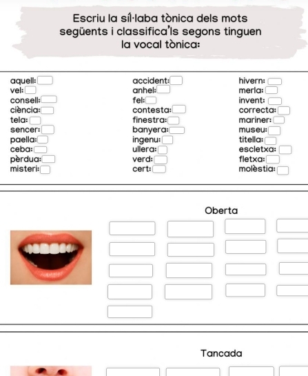 Escriu la síl·laba tónica dels mots 
següents i classifica'ls segons tinguen 
la vocal tónica: 
aquell: □ accident: □ hivern: □ 
vel: □ anhel: merla: □ 
consell: □ fel: □ invent: □ 
ciencia: □ contesta: □ correcta: 
tela: □ finestra: □ mariner: □ 
sencer: □ banyera: □ museu: □ 
paella: □ ingenu: □ titella: □ 
ceba: □ ullera: □ escletxa: 
pèrdua: □ verd: □ fletxa: 
misteri: □ cert: □ molèstia: 
Oberta 
Tancada