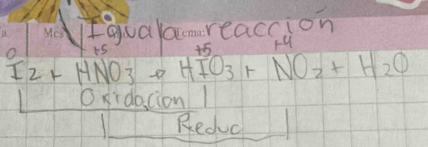 Mes I gualamreaccion 
O 
is 
45 
I 2+HNO_3to HIO_3+NO_2+H_2O
O xidacion1 
Reduc