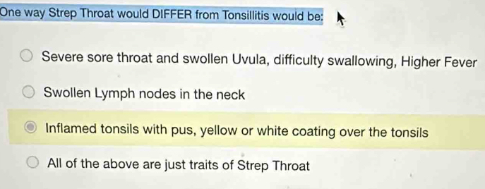 One way Strep Throat would DIFFER from Tonsillitis would be:
Severe sore throat and swollen Uvula, difficulty swallowing, Higher Fever
Swollen Lymph nodes in the neck
Inflamed tonsils with pus, yellow or white coating over the tonsils
All of the above are just traits of Strep Throat