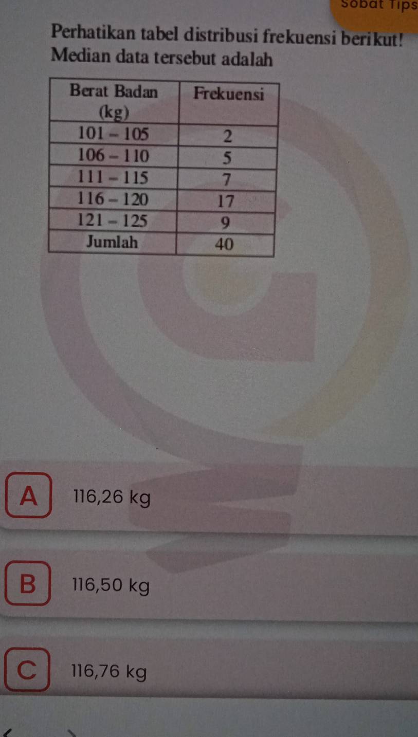 Sobat Tips
Perhatikan tabel distribusi frekuensi berikut!
Median data tersebut adalah
A 116,26 kg
B 116,50 kg
C l 116,76 kg