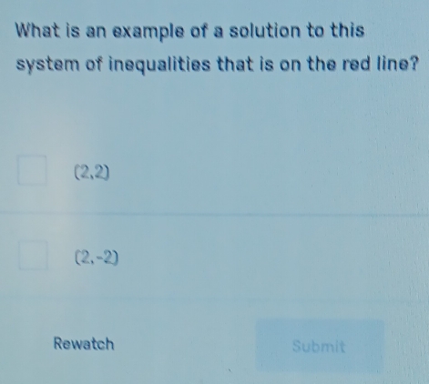 What is an example of a solution to this 
system of inequalities that is on the red line?
(2,2)
(2,-2)
Rewatch Submit