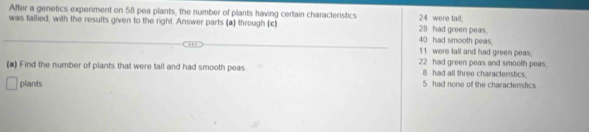 After a genetics experiment on 58 pea plants, the number of plants having certain characteristics 24 were tall;
was tallied, with the results given to the right. Answer parts (a) through (c). 28 had green peas.
40 had smooth peas;
11 were tall and had green peas.
22 had green peas and smooth peas
(a) Find the number of plants that were tall and had smooth peas. 8 had all three charactenstics
plants
5 had none of the characteristics