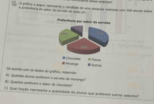 dncoaros dessa empresa? 
25. O gráfico a seguir representa o resultado de uma pesquisa realizada com 300 alunos sobre 
a preferência do sabor de sorvete de cada um. 
De acordo com os dados do gráfico, responda: 
A) Quantos alunos preferem o sorvete de morango? 
B) Quantos preferem o sabor de chocolate? 
C) Qual fração representa a quantidade de alunos que preferem outros sabores?