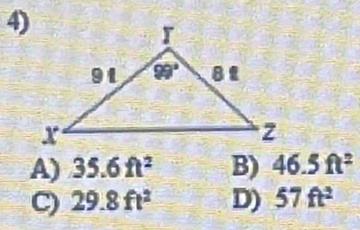 A) 35.6ft^2 B) 46.5ft^2
C) 29.8ft^2 D) 57ft^2