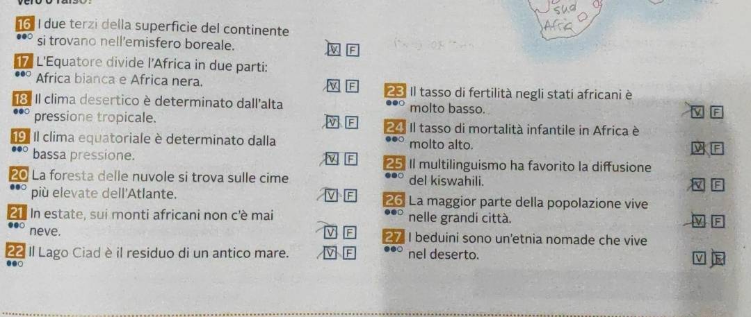 due terzi della superficie del continente 
.●○ si trovano nell’emisfero boreale. 
7 L'Equatore divide l'Africa in due parti: 
..○ Africa bianca e Africa nera. F 23 Il tasso di fertilità negli stati africani è 
18. Il clima desertico è determinato dall'alta ●●○ molto basso. 
F 
.●○ pressione tropicale. 24 Il tasso di mortalità infantile in Africa è 
19. Il clima equatoriale è determinato dalla .●○ molto alto. F 
..○ bassa pressione. 25. Il multilinguismo ha favorito la diffusione 
20 La foresta delle nuvole si trova sulle cime .●○ del kiswahili. a 
più elevate dell'Atlante. 26 La maggior parte della popolazione vive 
●●□ 
21 In estate, sui monti africani non c'è mai nelle grandi città. F 
..○ neve. 
F 27 I beduini sono un'etnia nomade che vive 
22 Il Lago Ciad è il residuo di un antico mare. nel deserto. 
.●○