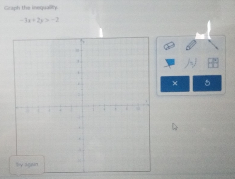 Graph the inequality.
-3x+2y>-2
× 5