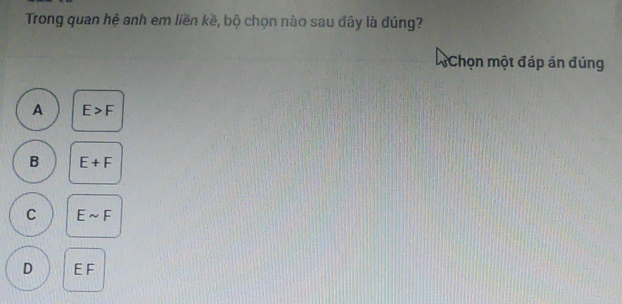 Trong quan hệ anh em liền kề, bộ chọn nào sau đây là đúng?
Chọn một đáp án đúng
A
E>F
B
E+F
C
Esim F
D
EF