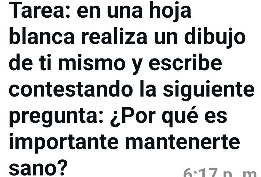 Tarea: en una hoja 
blanca realiza un dibujo 
de ti mismo y escribe 
contestando la siguiente 
pregunta: ¿Por qué es 
importante mantenerte 
sano?
6· 17 nm