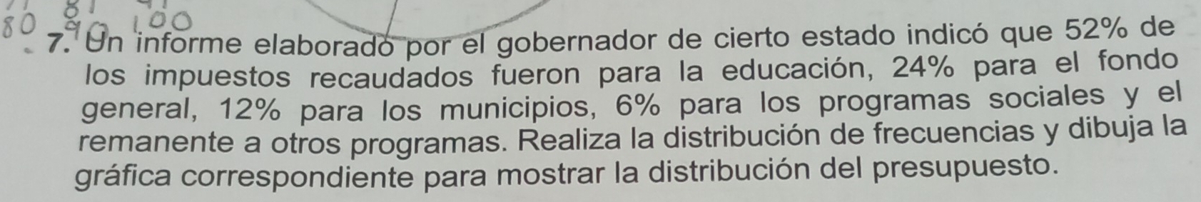 Un informe elaboradó por el gobernador de cierto estado indicó que 52% de 
los impuestos recaudados fueron para la educación, 24% para el fondo 
general, 12% para los municipios, 6% para los programas sociales y el 
remanente a otros programas. Realiza la distribución de frecuencias y dibuja la 
gráfica correspondiente para mostrar la distribución del presupuesto.